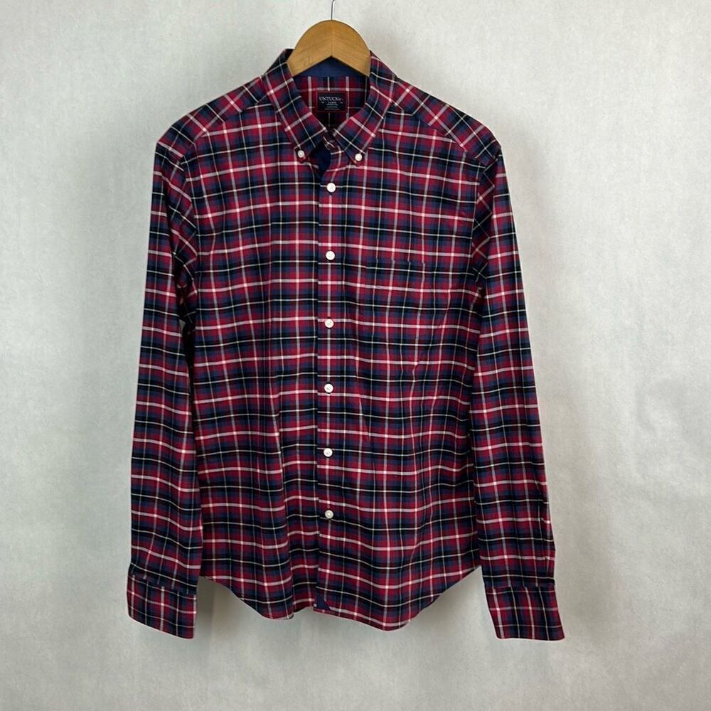 UnTuckIt Men’s Button Front Shirt Sz Large Red Blue Plaid Long Slv Wrinkle Free